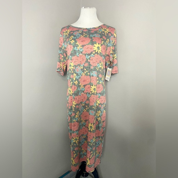 LuLaRoe Julia Dress Gray with Multicolored Florals Midi Form Fitting - Picture 7 of 7